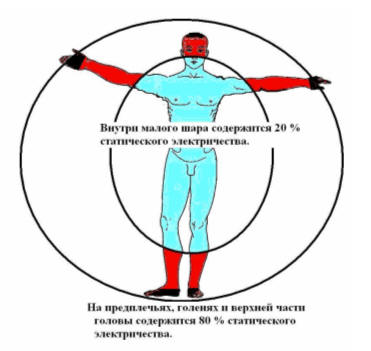 Распределение статического электричества на человеческом теле: внутри большего шара – 80 %, а внутри малого шара – 20%.