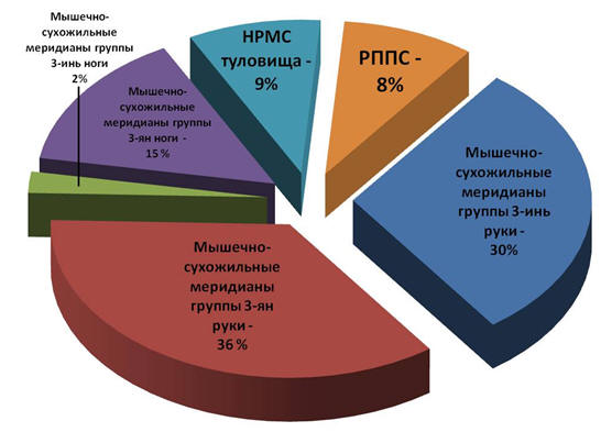 Соотношение частоты встречаемости иньских и янских мышечно-сухожильных меридианов, а также статико-локомоторных синергий туловища и руки по данным визуально-пальпаторного исследования