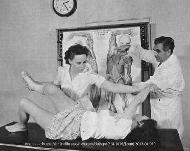 Рис. 10. Маргарет Нотт и Герман Кабат ле-чат пациента с полиомиелитом в Институте Кабата-Кайзера (Вальехо, Калифорния)