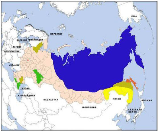 Рис. 2.1. Карта вероятного распада России и последующего контроля её территорий приграничными государствами Азиатско-Тихоокеанского региона (http://www.keldysh.ru/departments/dpt_17/gmalin.html)