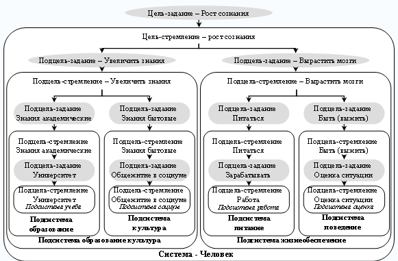 Частный пример иерархии целей и подцелей и соответствующих им подсистем у человека